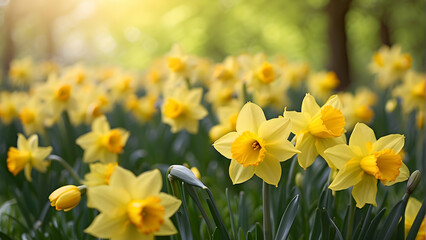 A bright and sunny field of yellow daffodils basking in the spring sunshine, highlighting the beauty and vibrancy of springtime