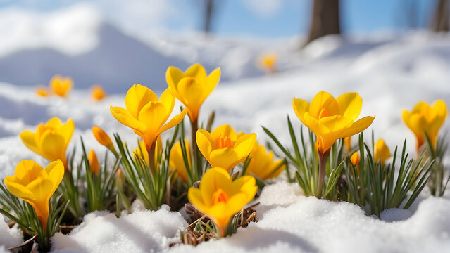 Bright yellow crocuses bravely push through a thin layer of snow, symbolizing spring's triumph over winter's remnants