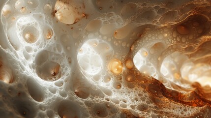   A close-up of a mixture of water, oil, and soap bubbles on a white and brown background