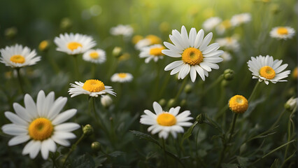 This image showcases a close-up of fresh daisies bathing in sunlight, highlighting spring's growth and renewal