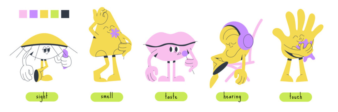 Quirky characters 5 Sense organs. Minimalistic shapes. Cute funny mascots with eyes, hands, legs. Contemporary style. Isolated elements, design templates. Hand drawn modern Vector illustration