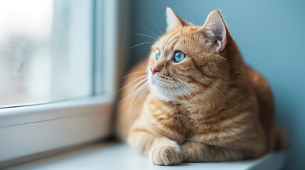 red adult cat lies and looks to the side, space for text, blue background