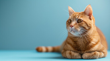 red adult cat lies and looks to the side, space for text, blue background