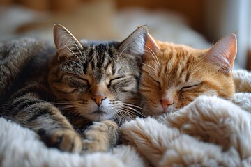 Two Cats Laying on White Blanket
