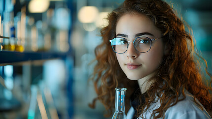 Fototapeta na wymiar A young scientist with glasses and a lab coat stands against a laboratory background