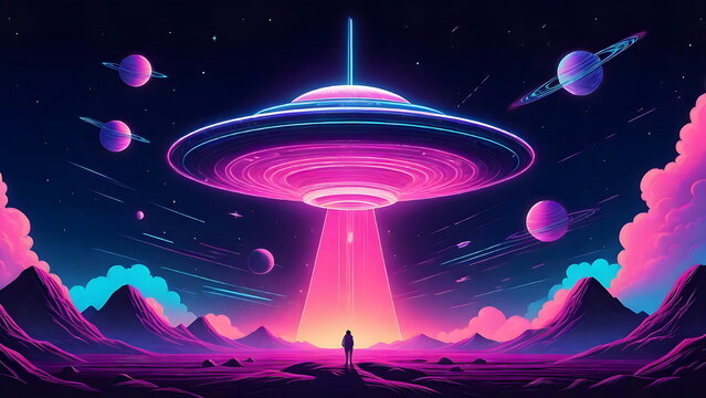 Cyberspace Landscape with Stunning hovering UFOs, vibrant Mix of Colors, Majestic Mountains