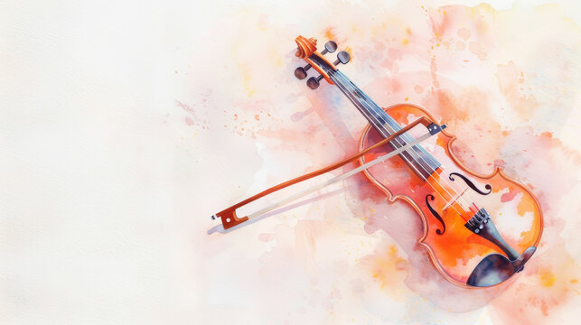 Aesthetic watercolor delicate drawing of violin on light clean background. Musical concept. Copy space. Generative AI