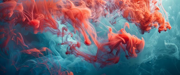 Crimson smoke dancing in ethereal patterns against a vibrant azure backdrop.