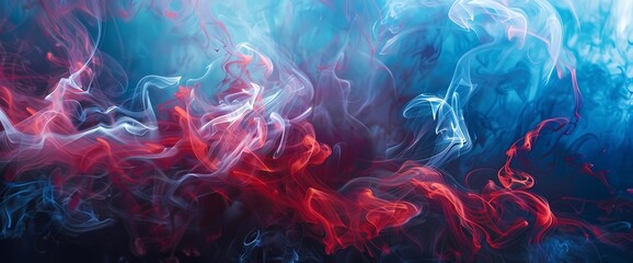 Crimson smoke dancing in ethereal patterns against a vibrant azure backdrop. - obrazy, fototapety, plakaty