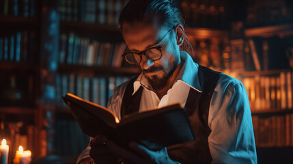 A focused man in a vest and tie is absorbed in reading a book by candlelight in an old library setting.