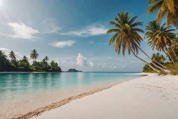 Tropical beach with palm trees and white sand.