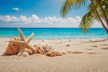 Fototapeta na wymiar Seashells and starfish on tropical beach with palm tree