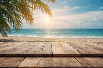 Wooden table top on blurred tropical beach background - can be used for display or montage your products