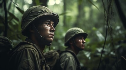 Obraz premium Two soldiers stand alert amidst dense foliage, their expressions intense and focused under the shadowy canopy.