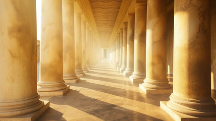 Golden sunlight bathes a corridor of classical columns, creating a pattern of light and shadow on the floor.