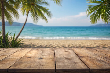 Wooden table top on blur tropical beach background - can be used for display or montage your products