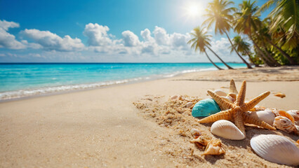 Fototapeta na wymiar Starfish and seashells on tropical beach with turquoise water