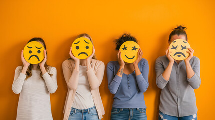 Four individuals stand against an orange background holding emoji face masks in front of their faces, representing diverse emotions.