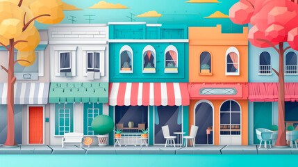 a vibrant, stylized illustration of a quaint city street with colorful storefronts, ideal for themes related to urban life, small business, community, and local commerce.
