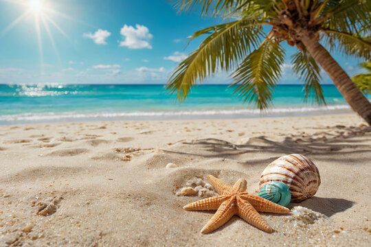 Seashells and starfish on a tropical beach with palm tree