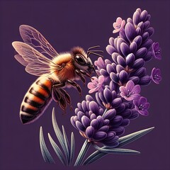 An artistic composition of a bee mid-flight near a cluster of lavender blooms, highlighting the interaction between the insect and the fragrant flowers - obrazy, fototapety, plakaty
