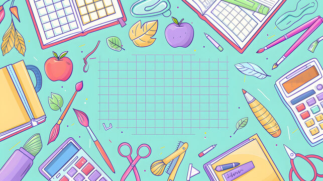 An adorable flat cartoon vector setting with school essentials, grid pattern in the core of the picture