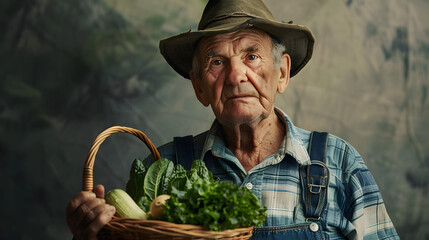 An elderly farmer with a hat and overalls stands against a farm background