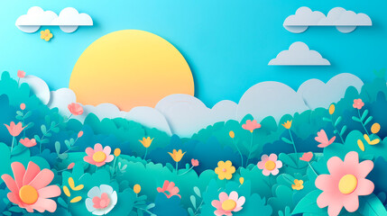 Fototapeta na wymiar A cheerful paper art scene with a bright sun rising above a field of vibrant flowers and fluffy white clouds, embodying a joyful spring morning.