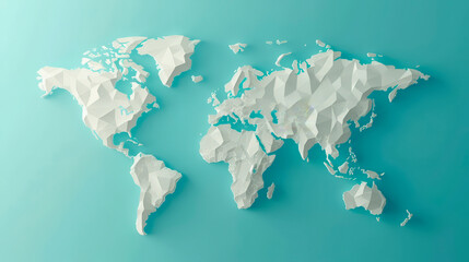 A textured paper relief map of the world in white, set against a calming aqua background, evoking a sense of global connectivity and geography.