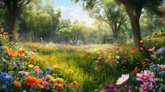 beautiful relaxing flower meadow in green forest