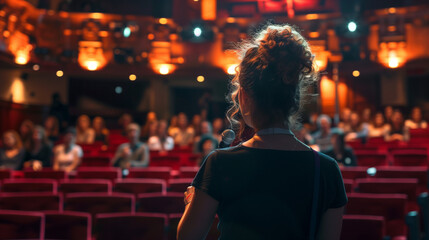 back view of woman  Motivational  speaker in front of audience delivering speech - Powered by Adobe