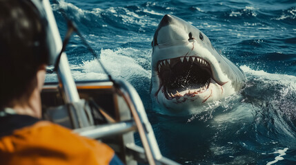 A person in an orange jacket observes a large shark breaching the ocean surface next to a boat.