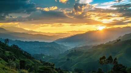imposing hills of the Colombian mountain ranges in a beautiful summer sunset.