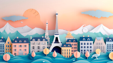 A serene paper art depiction of Paris with the Eiffel Tower, pastel buildings, and mountain...