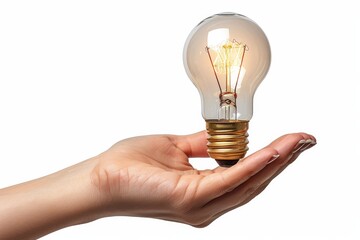 Hand holding a light bulb isolated on a white background. 