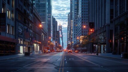 A city street at dusk, with the last light of the sun illuminating the buildings and the stars just beginning to appear in the sky, - obrazy, fototapety, plakaty