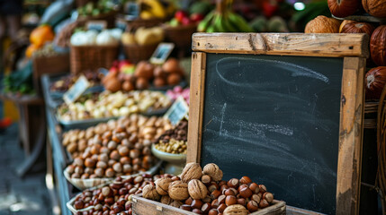 Counter on farmer's market with variety of nuts, empty chalkboard for inscription. Copy space....