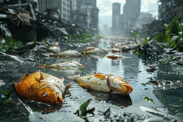 Dead fish floating in a polluted river, poisoned by industrial waste, garbage and environmental pollution, futuristic background - obrazy, fototapety, plakaty