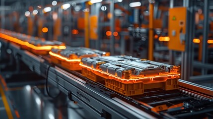 High capacity lithium ion battery module for the automotive electric vehicle sector over a conveyor belt manufacturing backdrop and space, Generative AI.
