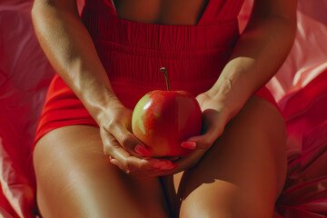 beautiful woman body, with red apple, advertising diets, studio photo and blur effect 