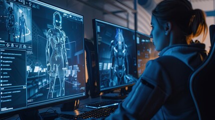 Gaming development studio, team working on a next gen video game, screens showing character designs and virtual worlds