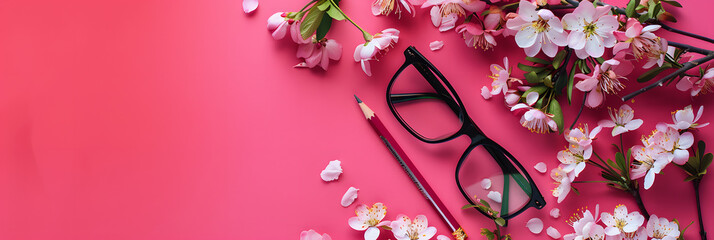 Blooming flowers, rimless glasses and mechanical pencil on a pink chalkboard background with copy space for Teacher’s Day or Women’s Day concept - obrazy, fototapety, plakaty