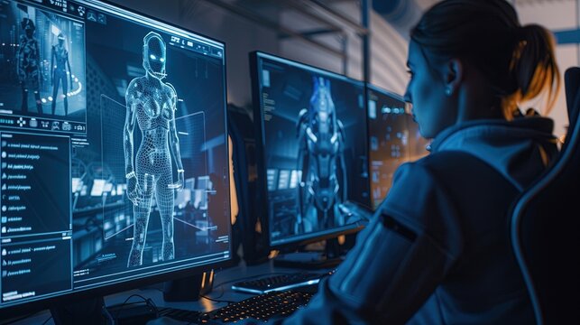 Gaming development studio, team working on a next gen video game, screens showing character designs and virtual worlds