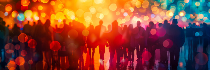 A colorful abstract banner background with blurred silhouettes of people. Blurred figures of men and women in the foreground with a bokeh effect in the style of digital art.