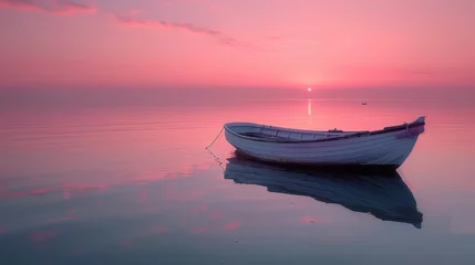 Gordijnen   A small boat floats on a tranquil lake beneath a pastel sky and distant sun © Anna