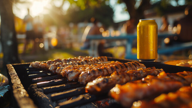 barbecue party, yellow beer can, sunny day