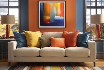 A vibrant pop art portrait of the character divas in bold colors. framed and hung on wall above white sofa with colorful pillows in modern living room. orange blue yellow accents
