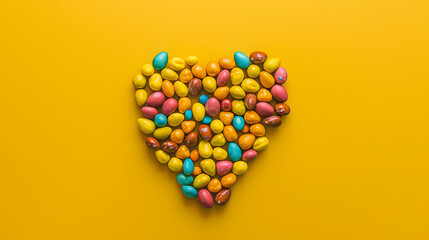 Colorful easter eggs shaped like heart on sunshine yellow background