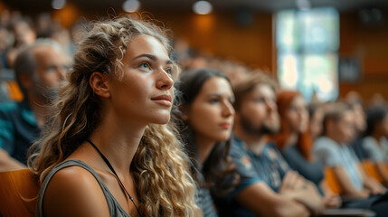 Obraz premium Young girl listening to speaker in a conference. Student listening to professor in the lecture hall. Generative Ai
