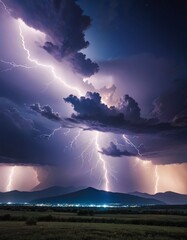 A dramatic nighttime thunderstorm, with multiple lightning strikes illuminating the dark sky above a serene landscape